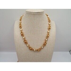Vintage Napier Faux Pearl Bow Butterfly Gold Tone Necklace